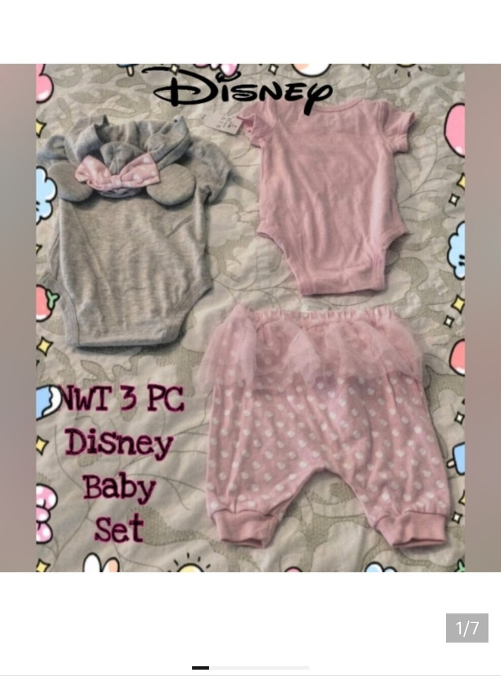 NWT Disney Baby Girls 3-Piece Pink and Gray Onesie Set Sz 0-3M